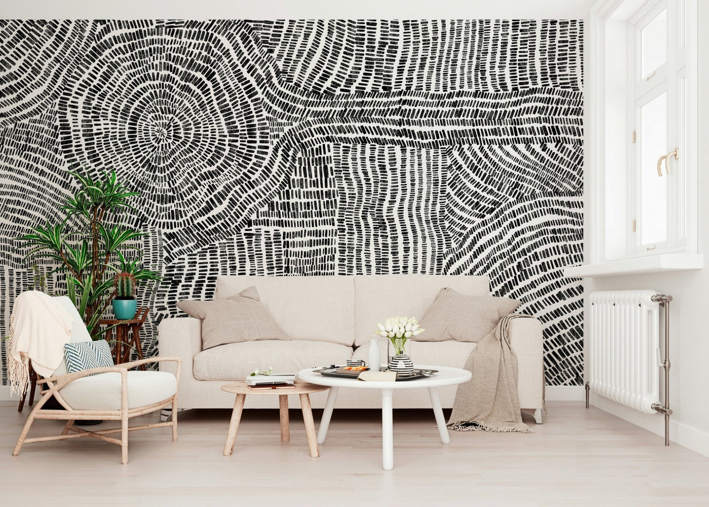 Monochrome wall mural for a modern guest suite with soft lighting.