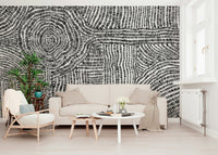 Monochrome wall mural for a modern guest suite with soft lighting.