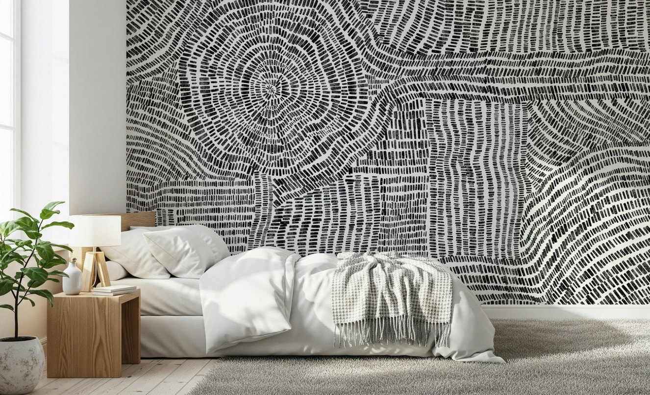 Dash & Dot Maze wall mural in a modern living room with geometric patterns.