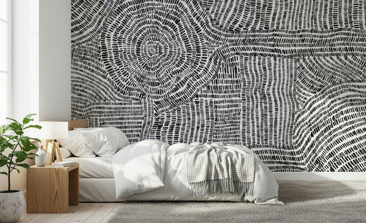 Dash & Dot Maze wall mural in a modern living room with geometric patterns.