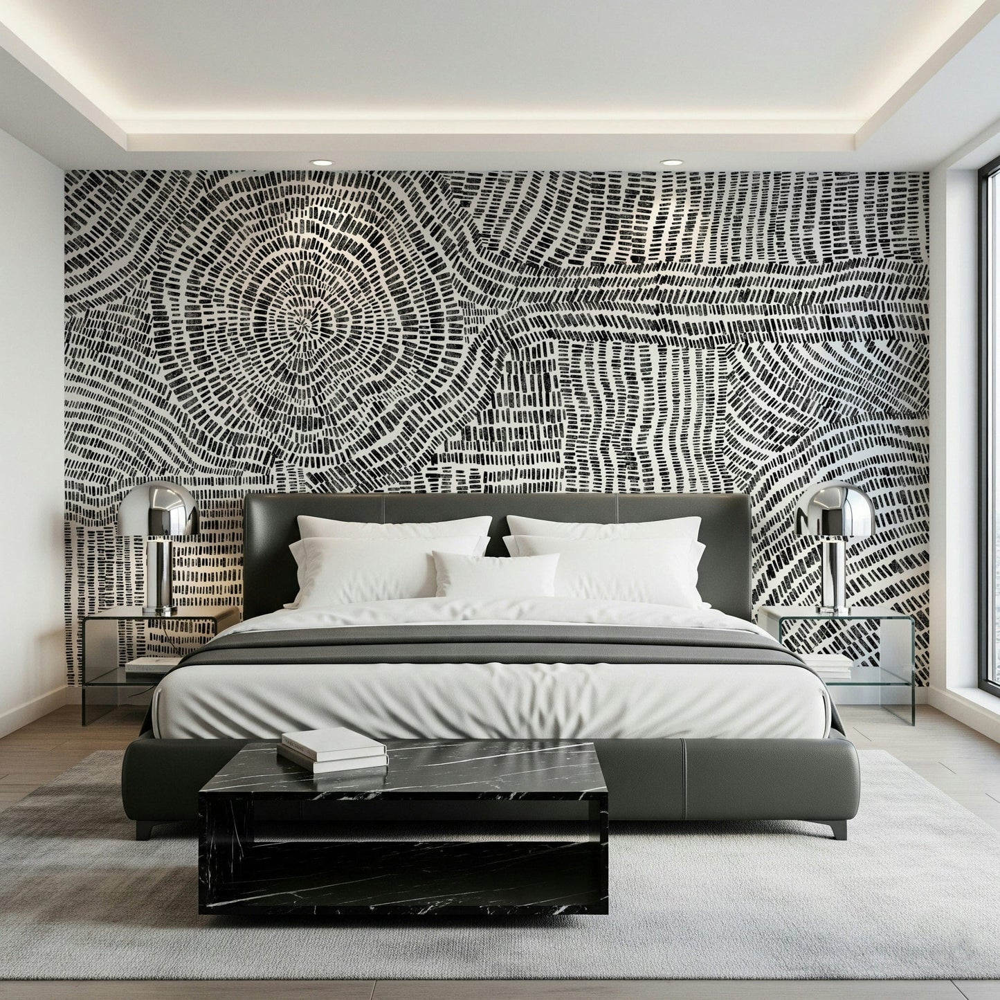 Artistic maze pattern wallpaper for a creative home studio environment.