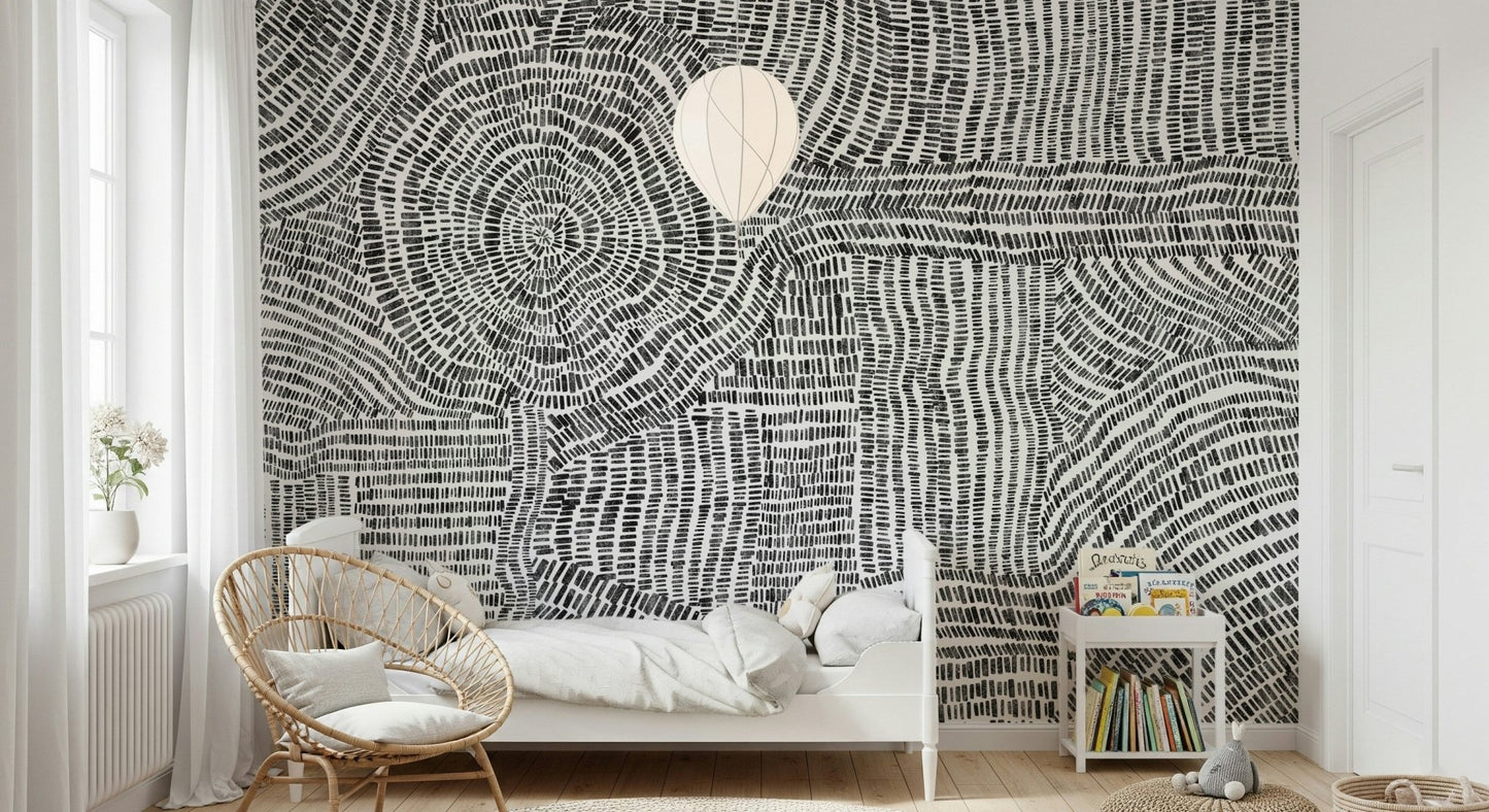 Dash & Dot Maze wall mural for a stylish nursery with wooden furniture.