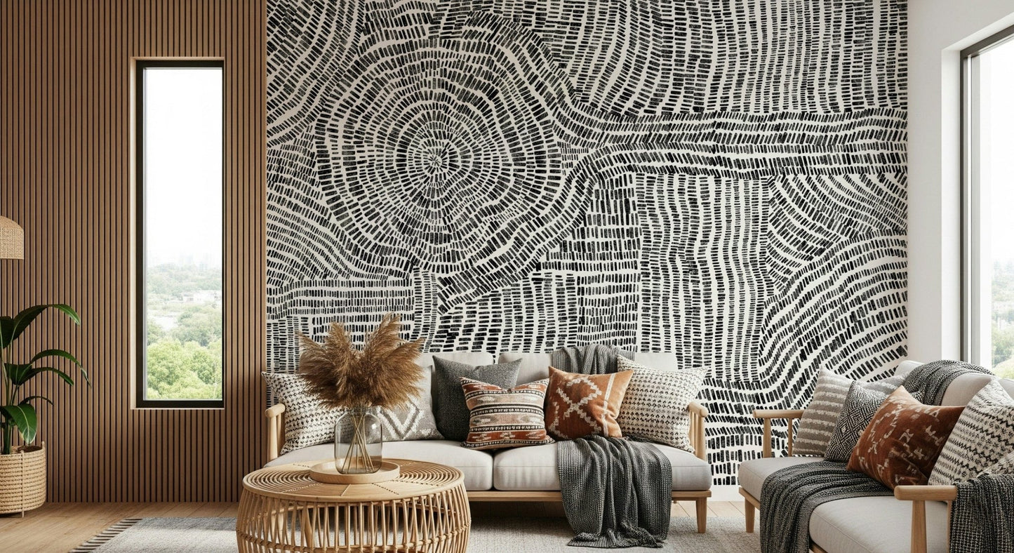 Symmetrical pattern wallpaper for a high-ceilinged foyer entry wall.