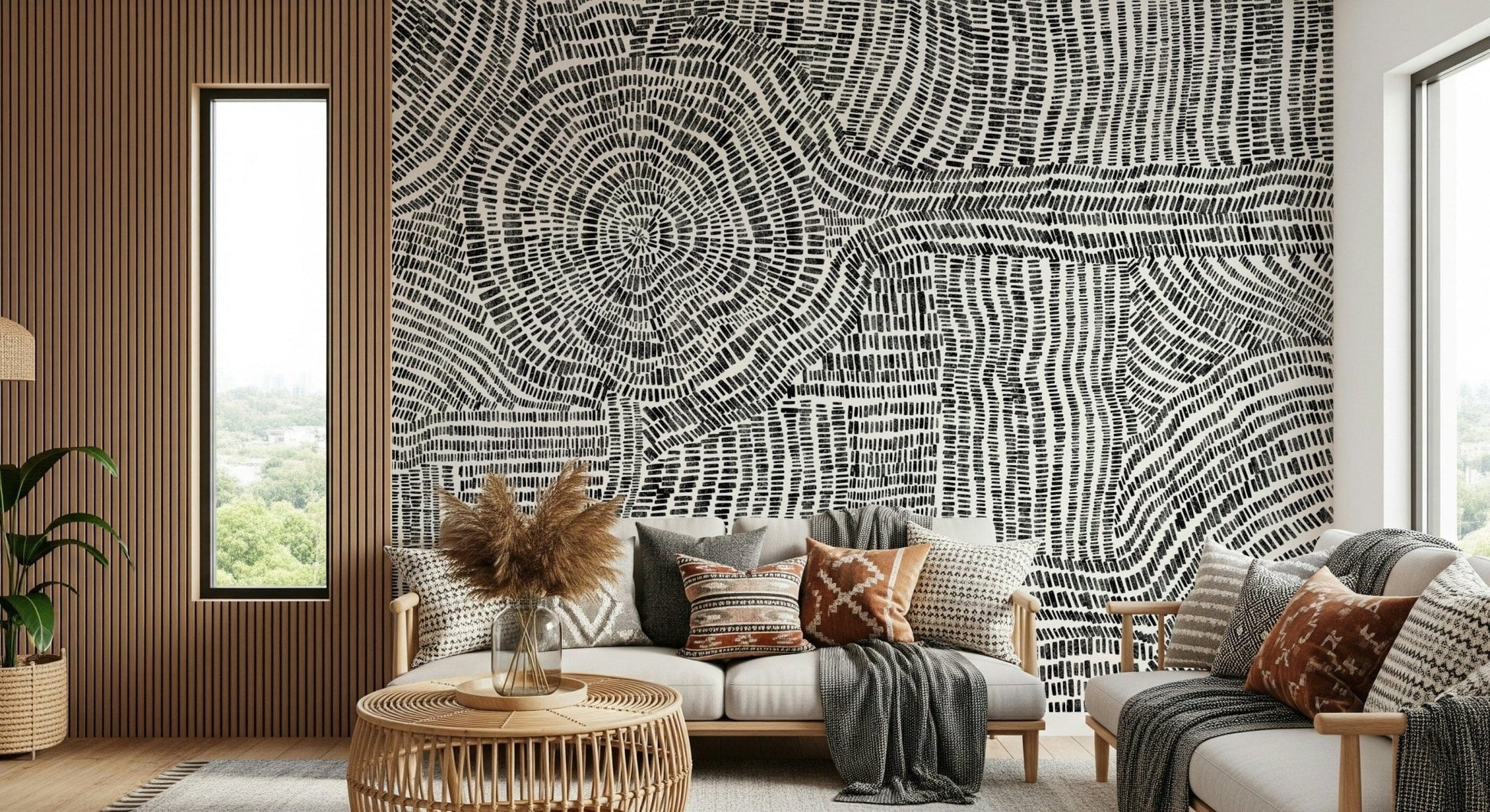 Symmetrical pattern wallpaper for a high-ceilinged foyer entry wall.
