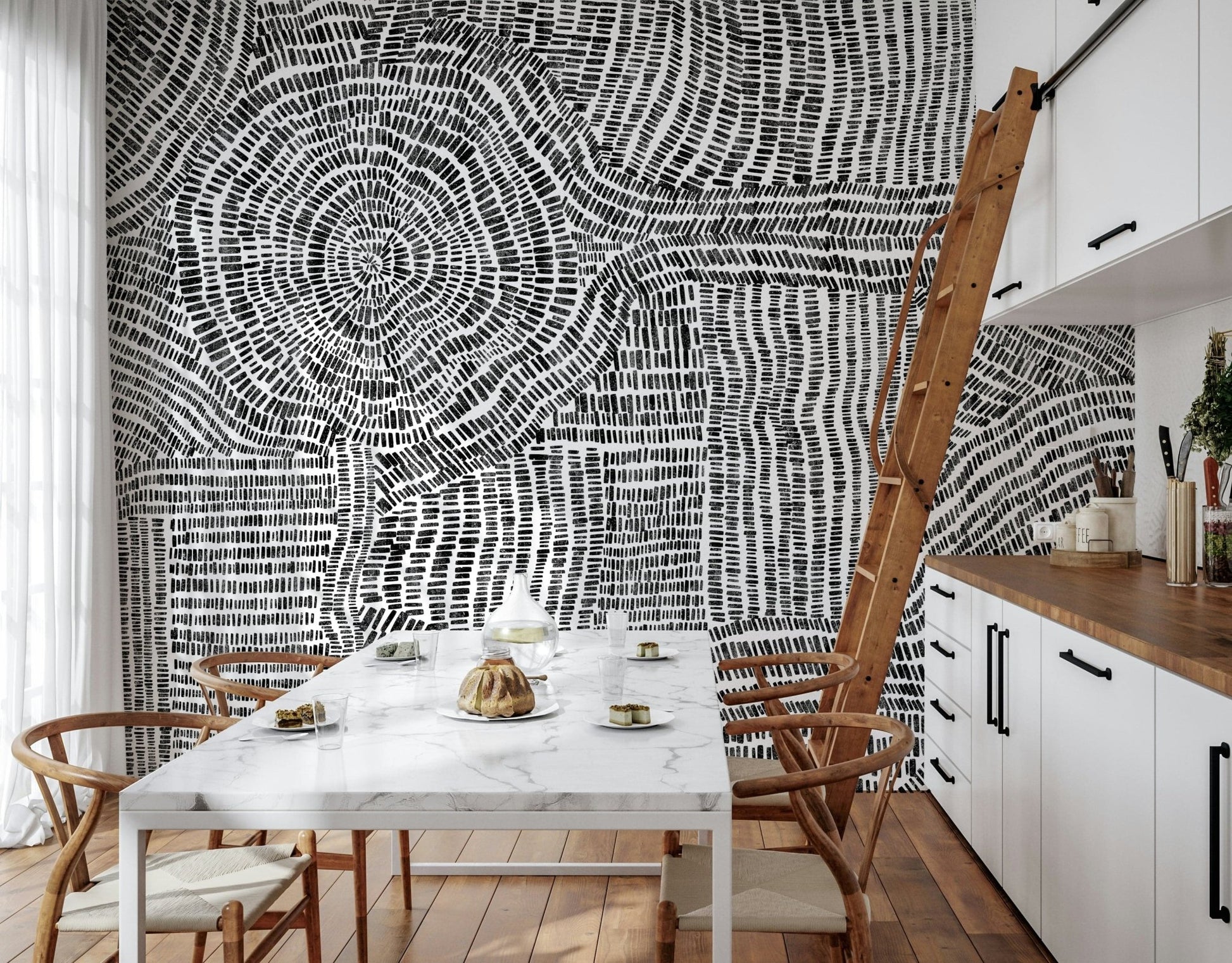 Neutral toned wall mural for a minimalist flat hallway feature wall.