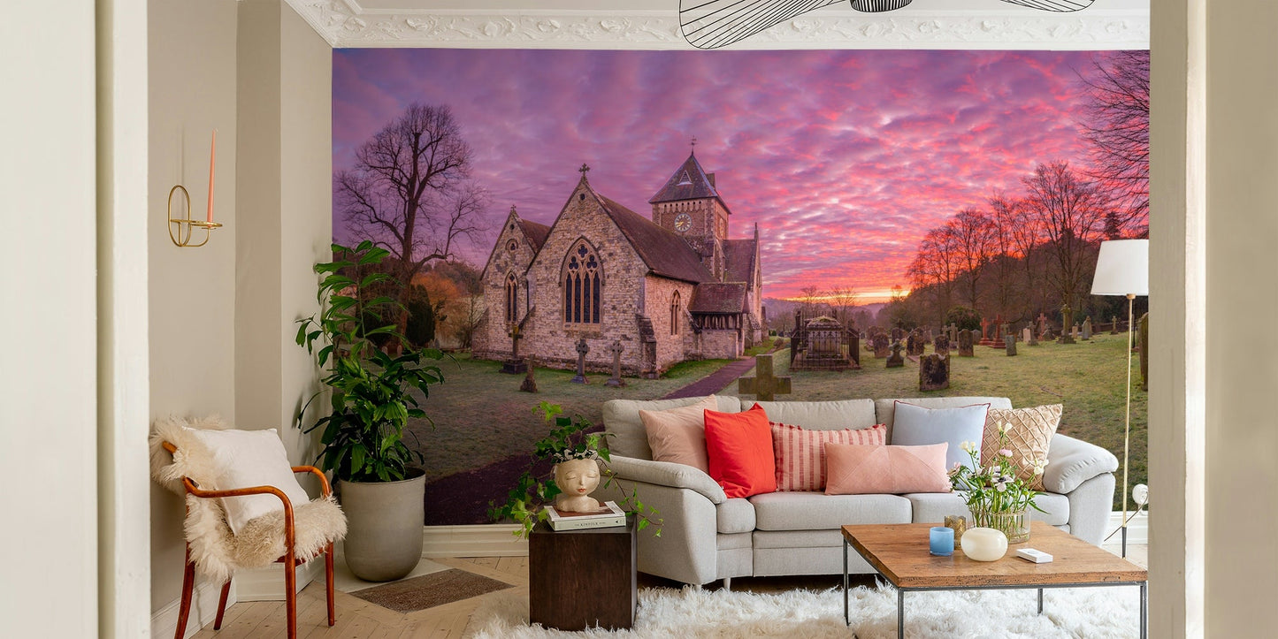 Dawn at the Church Wall Mural with vibrant pink morning sky GD5038