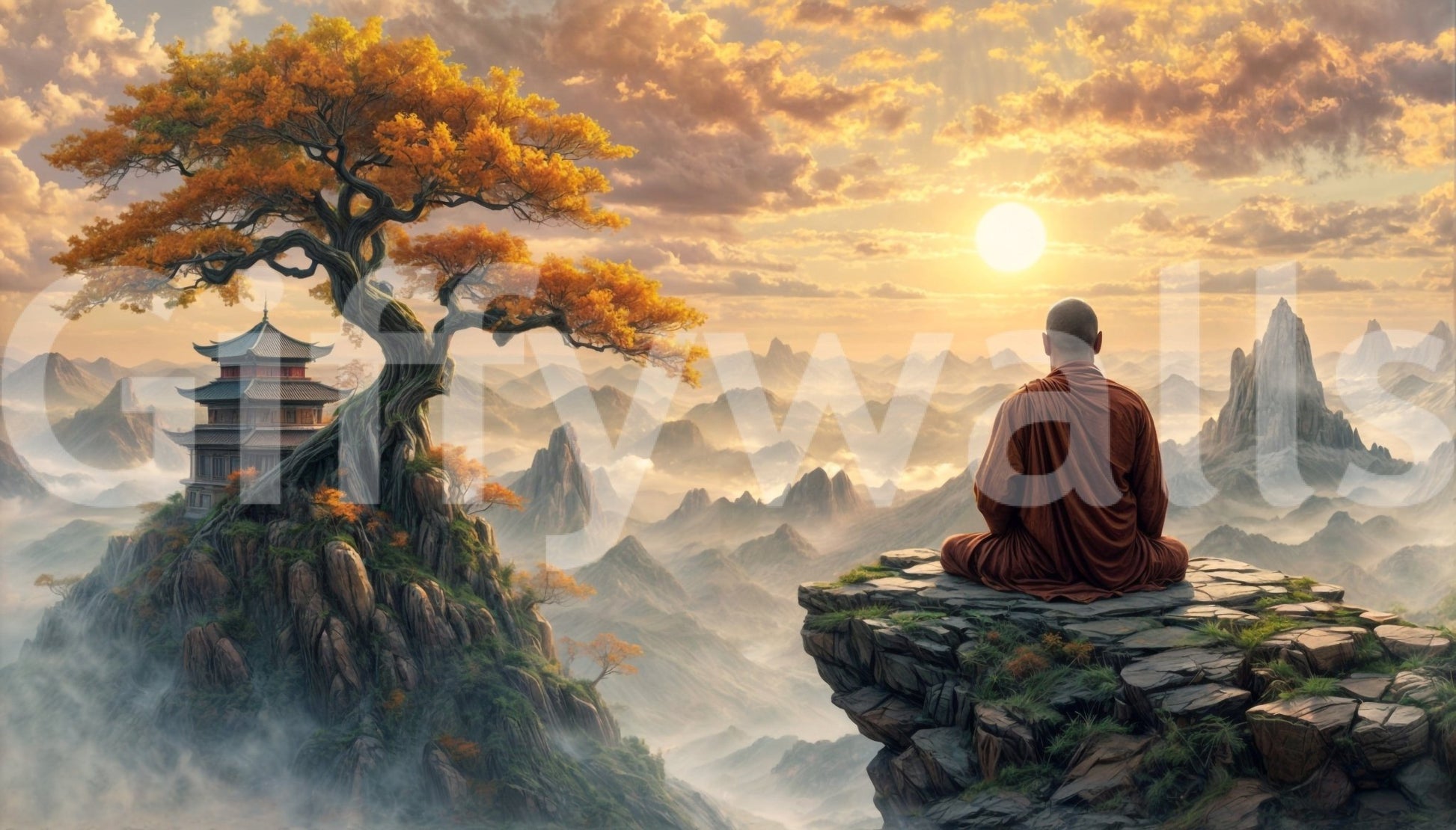 Dawn Serenity Mural in a minimalist living room with soft blue tones wallpaper mural.