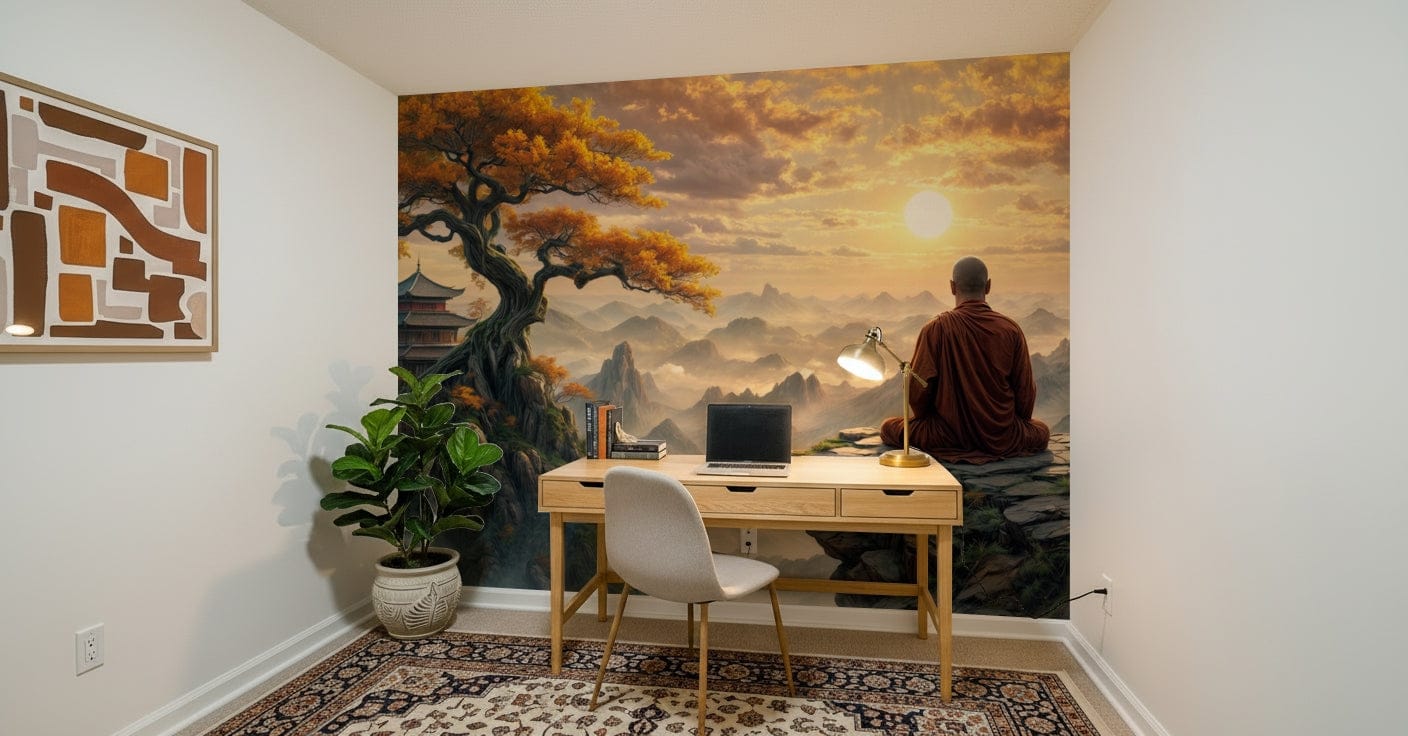 Dawn Serenity Mural paired with neutral furniture in a dining room wallpaper mural.