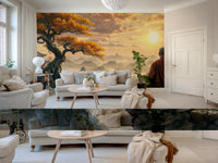 Dawn Serenity Mural with grey and blue misty peaks for a hallway wallpaper mural.