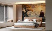 Dawn Serenity Mural behind a wooden bed frame in a guest room wallpaper mural.