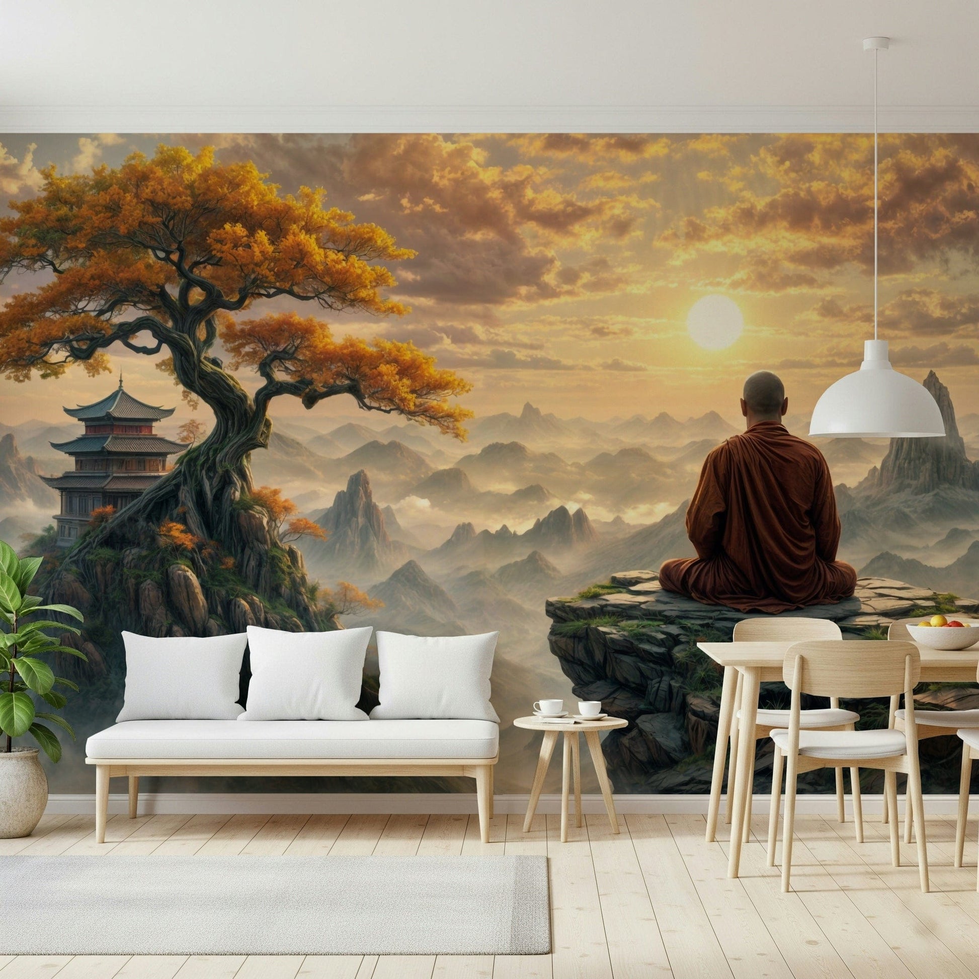 Dawn Serenity Mural in a high-ceiling room with natural light wallpaper mural.