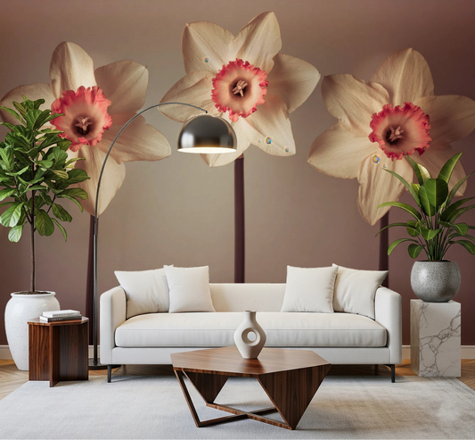 Living room styled with Dazzling Daffodils Wall Mural and soft floral focus