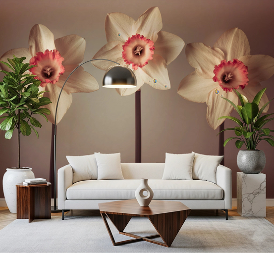 Living room styled with Dazzling Daffodils Wall Mural and soft floral focus, GD8635
