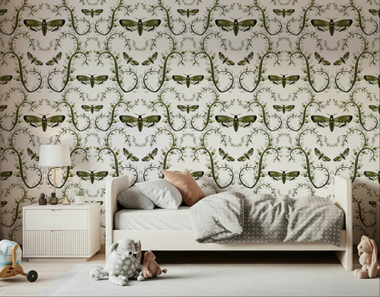 Detailed insect wallpaper with intricate wing textures and botanical sketches.