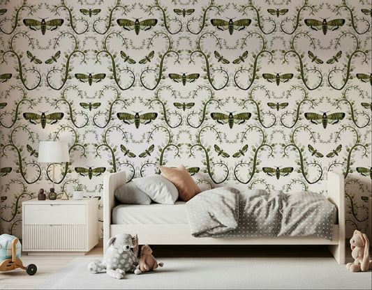 Detailed insect wallpaper with intricate wing textures and botanical sketches.