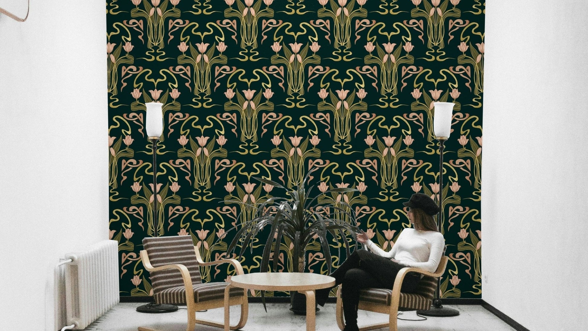 Floral nouveau wallpaper deep forest design

