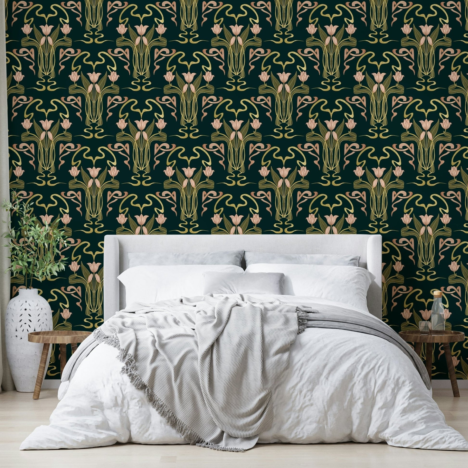 Green floral art deco wallpaper deep forest

