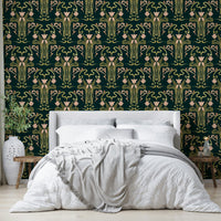 Green floral art deco wallpaper deep forest

