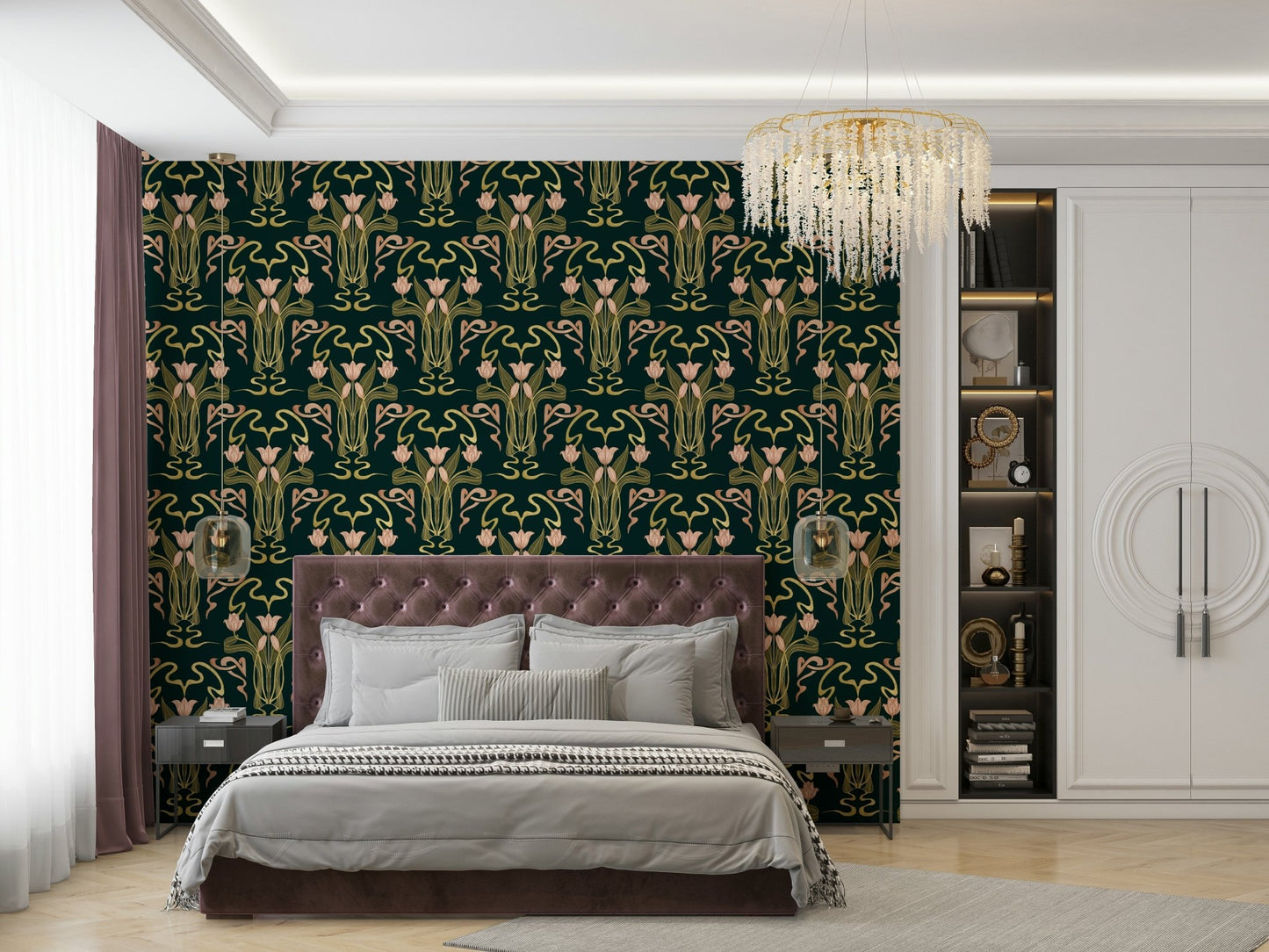 Deep forest art deco floral wallpaper pattern

