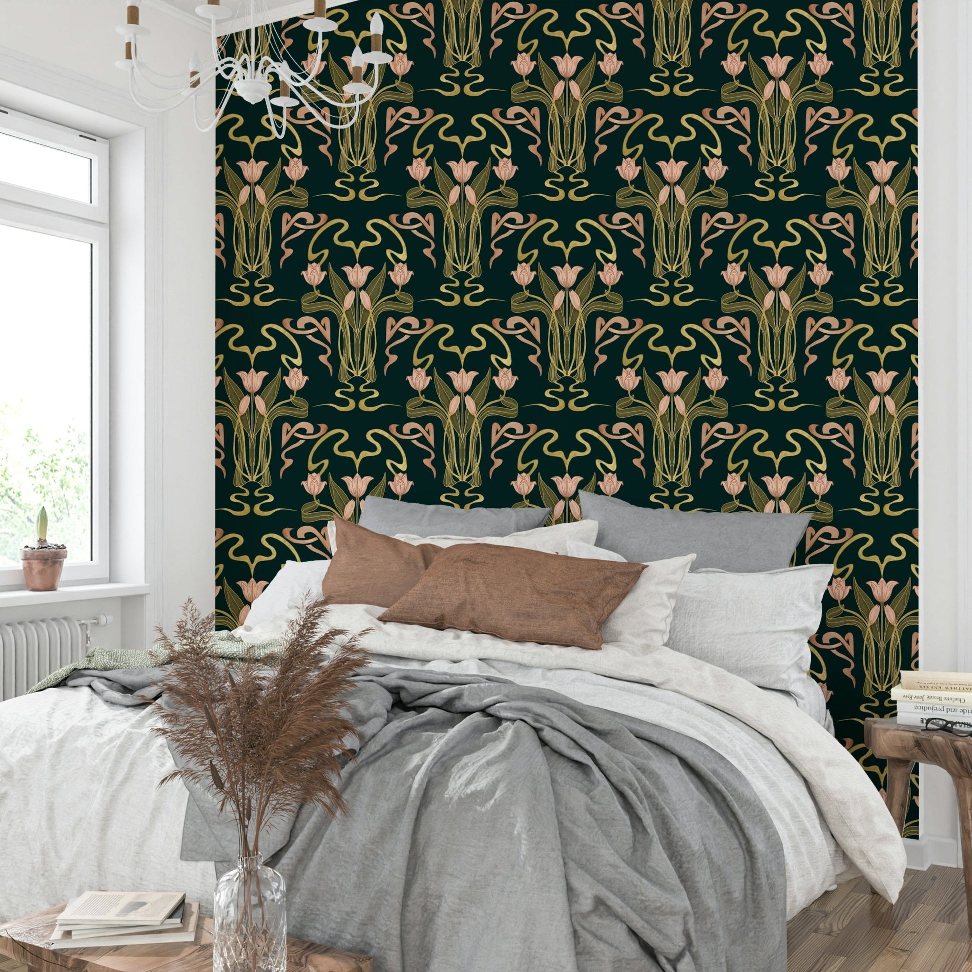 Deco tulip floral wallpaper deep forest tone

