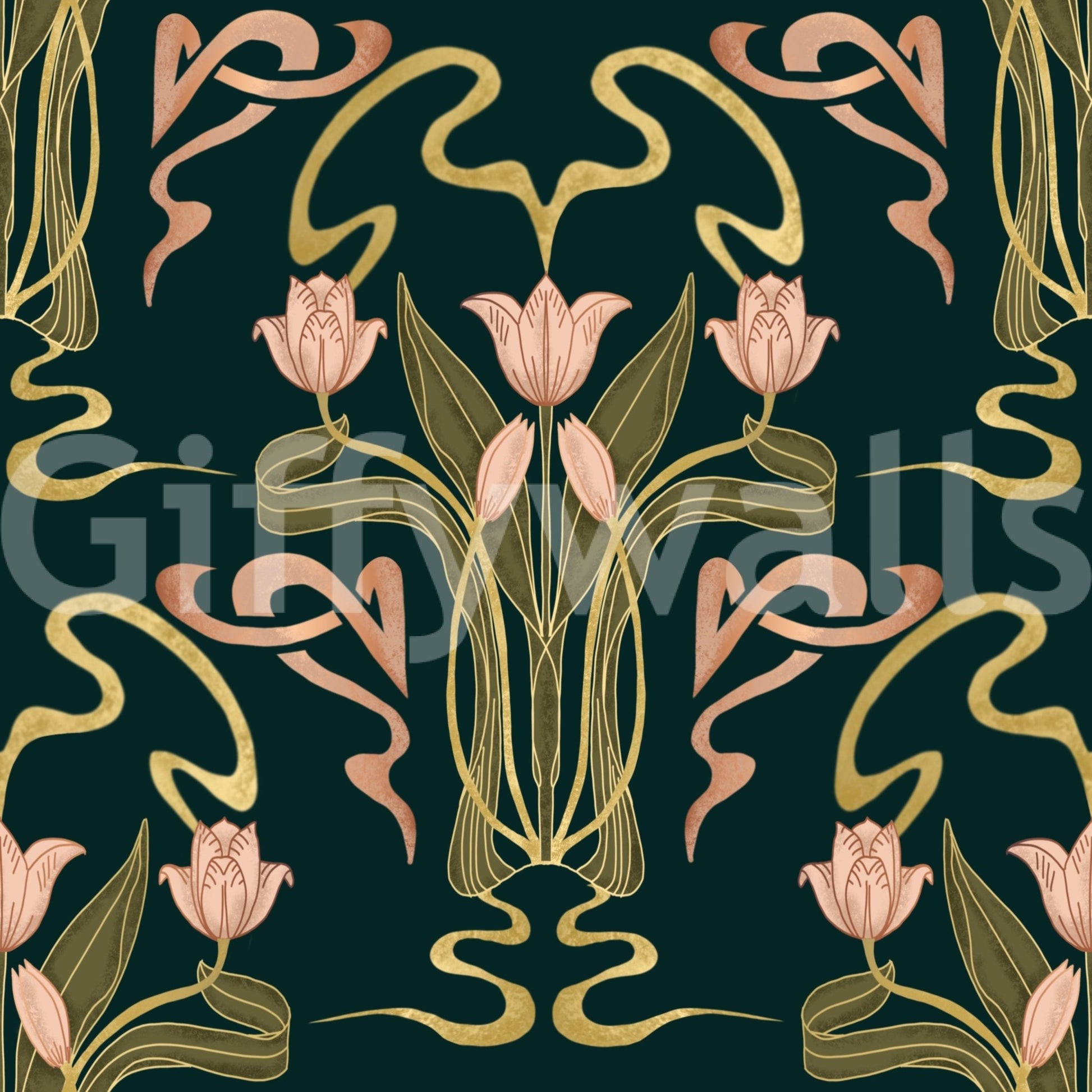 Floral art deco wallpaper deep forest colors

