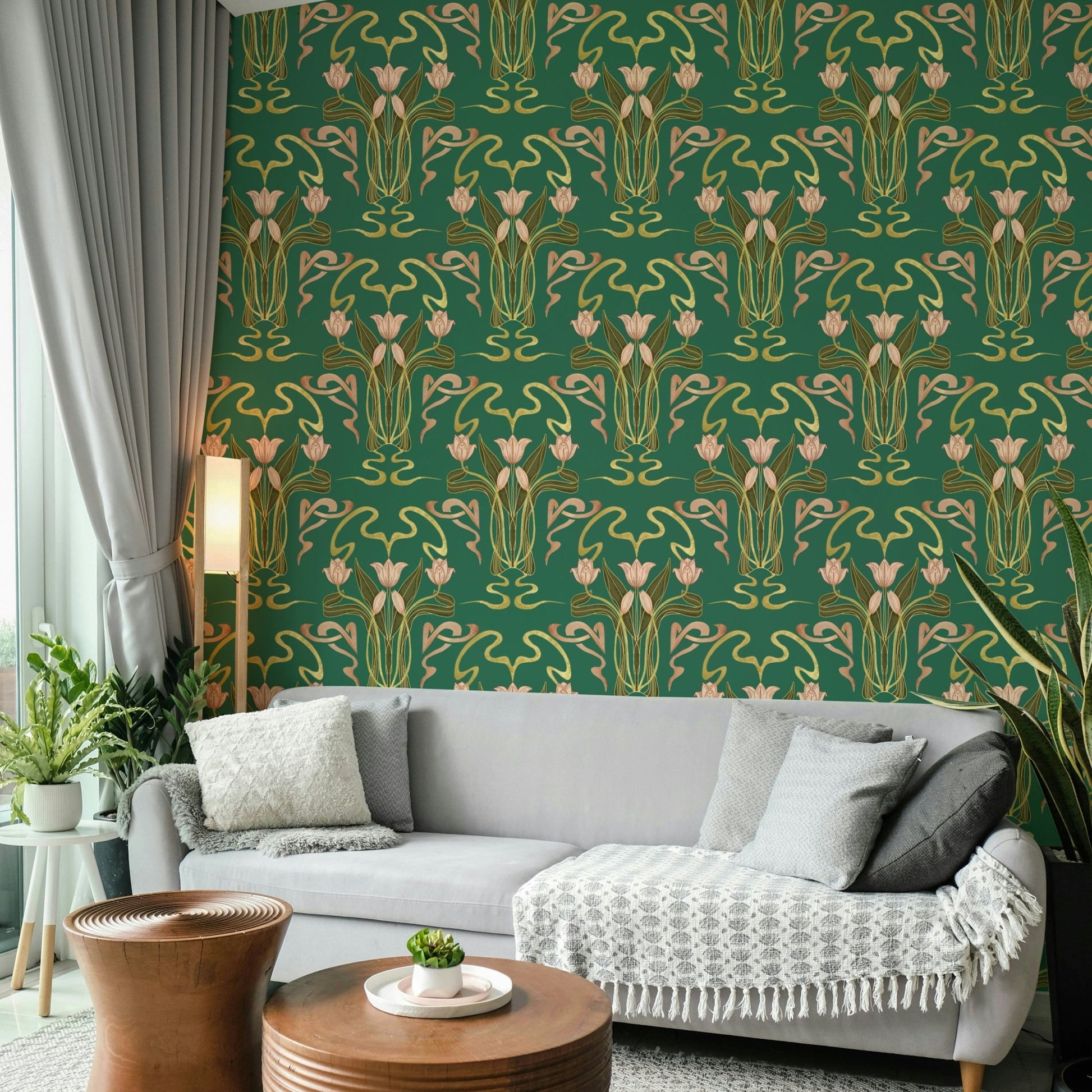 Deco tulip floral wallpaper forest green tone

