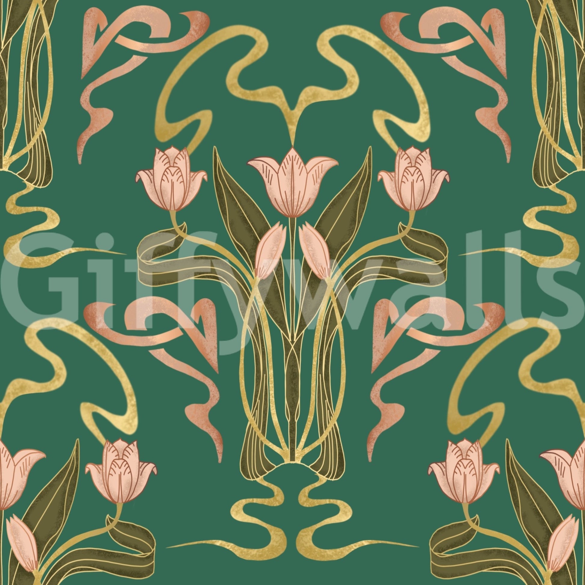 Tulip bloom wallpaper in forest green shade

