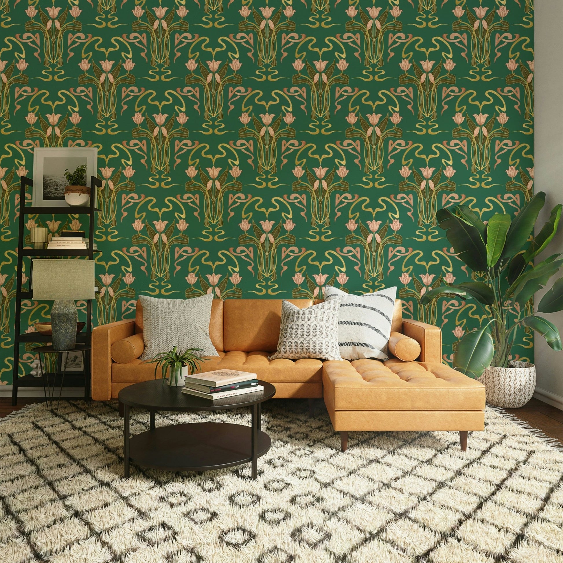 Tulip bloom art deco wallpaper forest green

