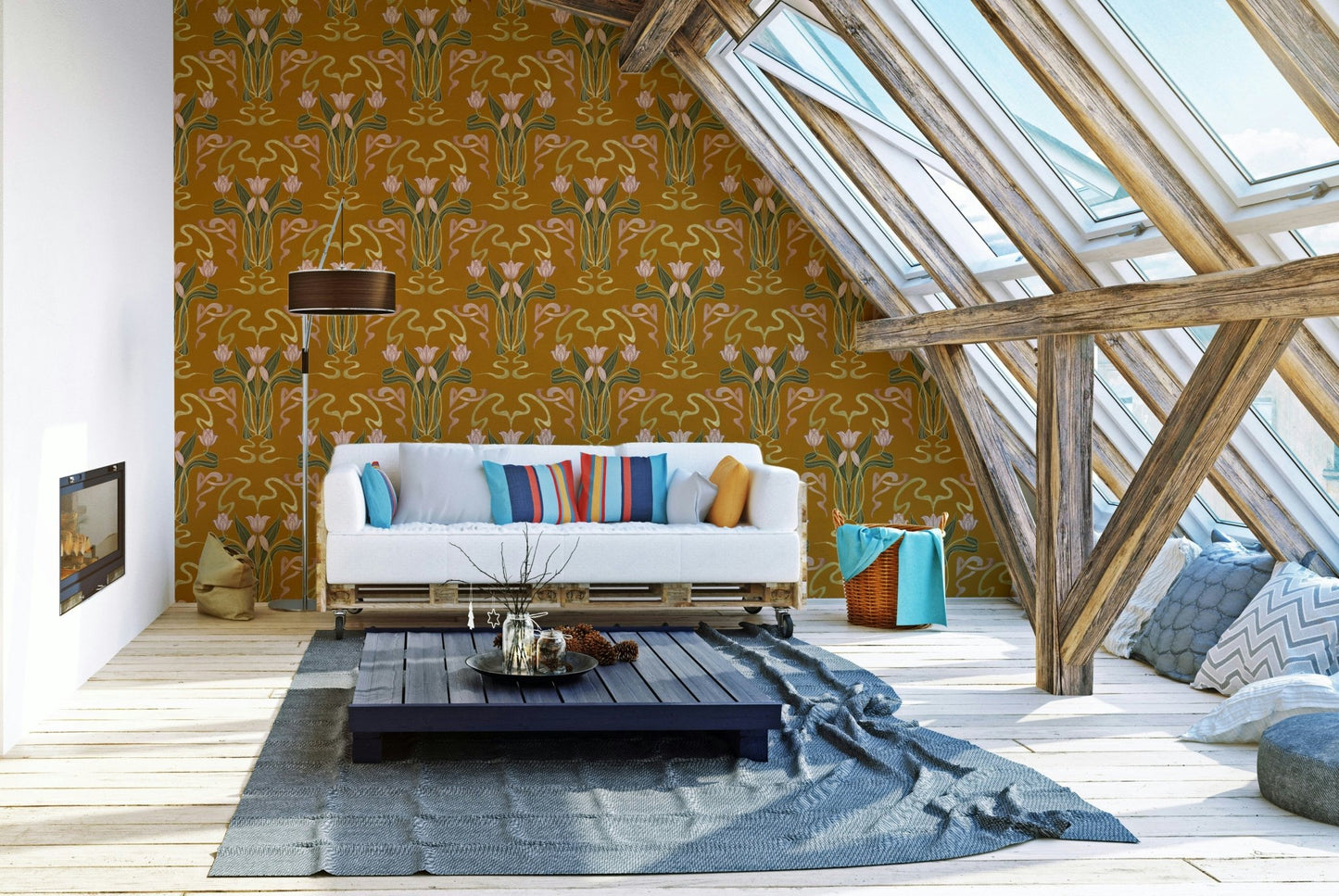 Floral nouveau wallpaper golden ochre color GD640

