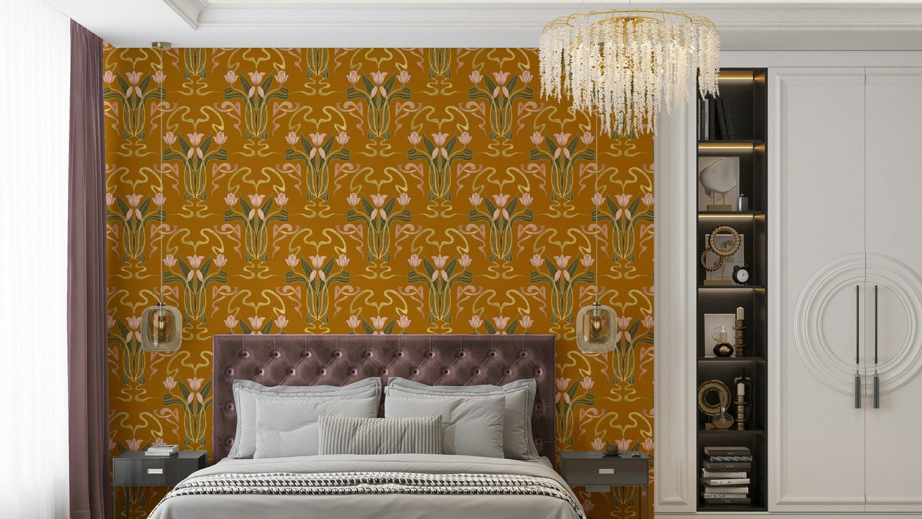Deco floral wallpaper golden ochre tones

