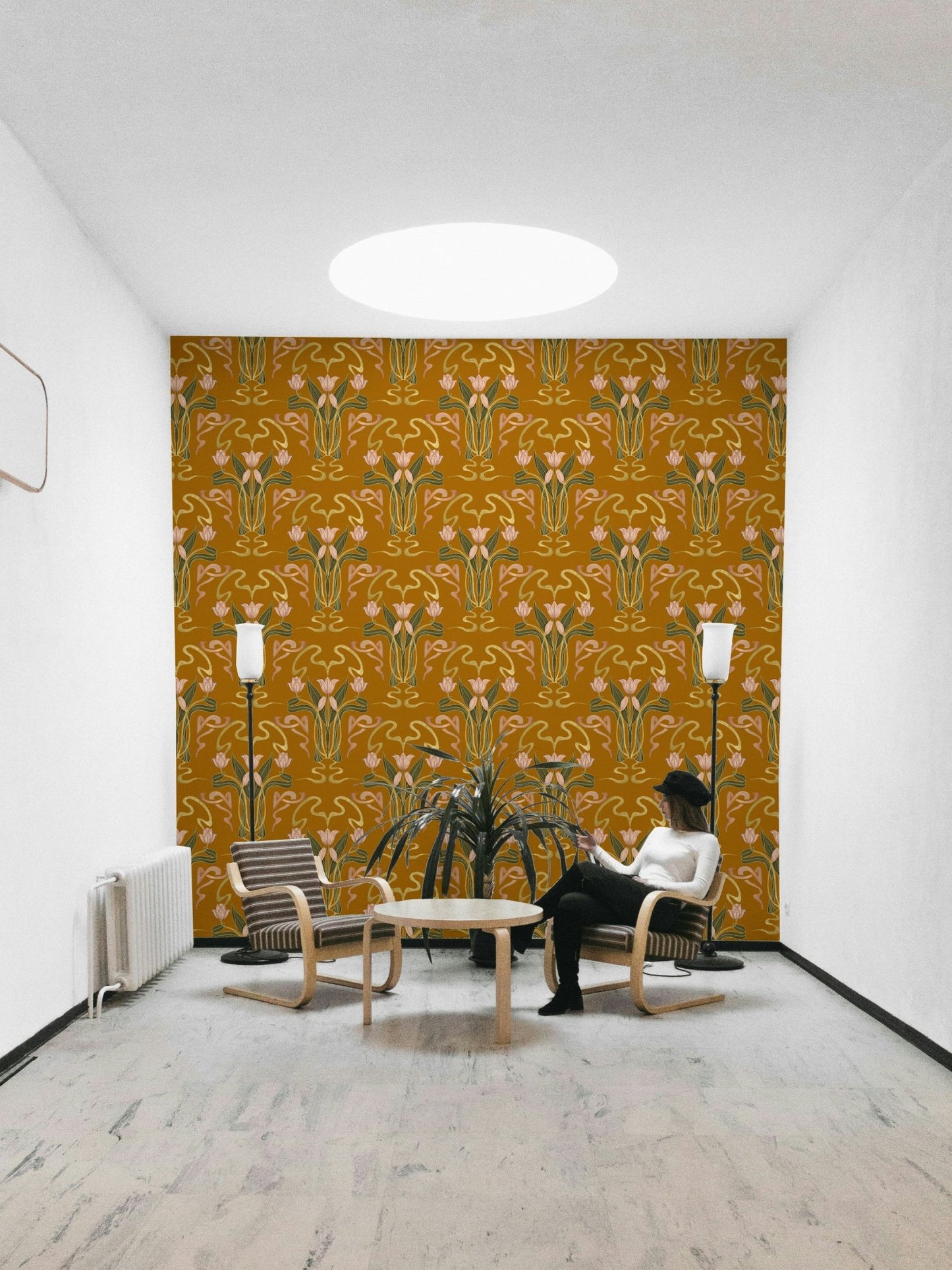 Golden ochre art deco floral wallpaper design GD640

