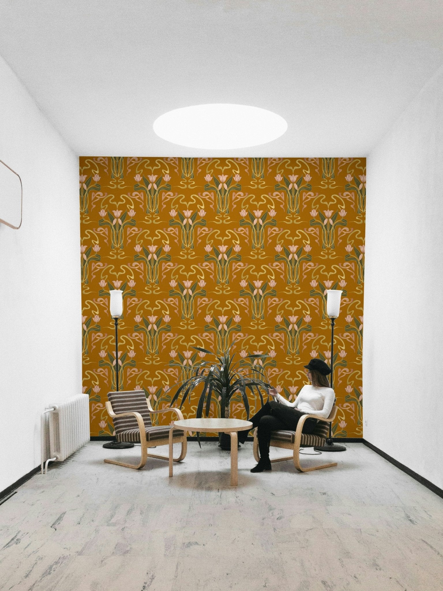 Golden ochre art deco floral wallpaper design GD640

