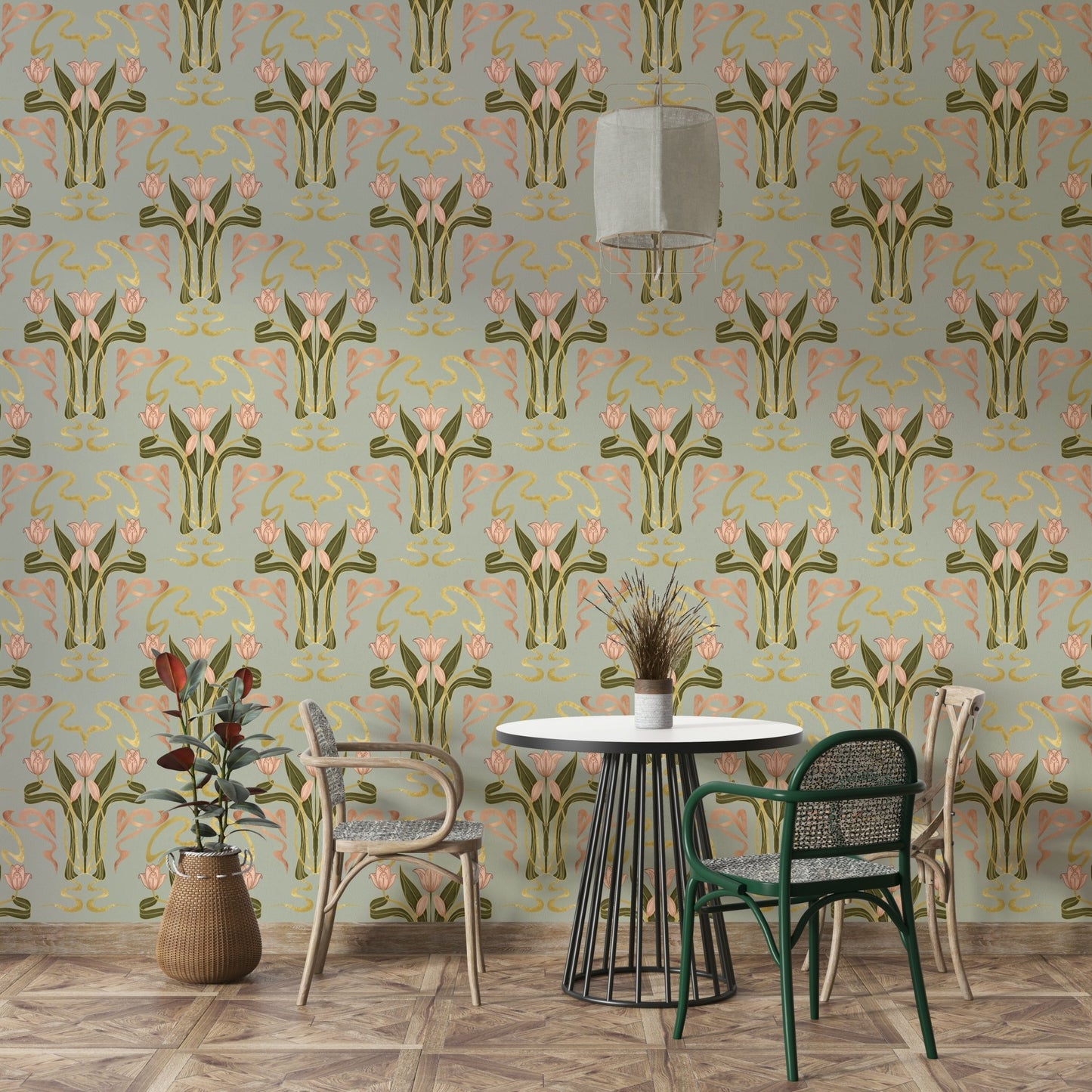 Deco tulip floral wallpaper sage grey hues
 GD643
