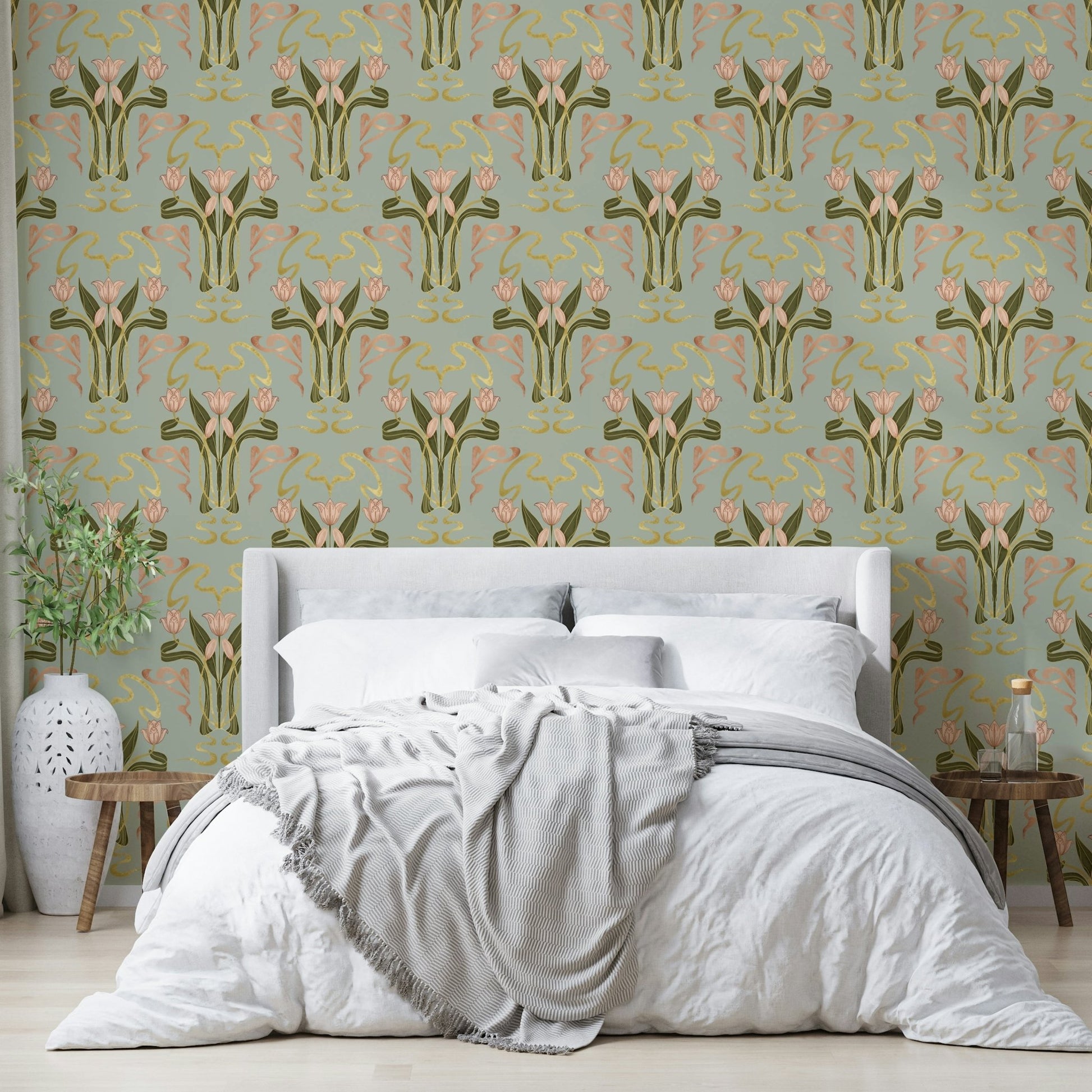 Sage grey floral art deco wallpaper pattern GD643

