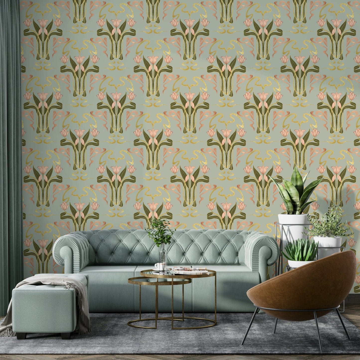 Muted sage grey art deco floral wallpaper
 GD643
