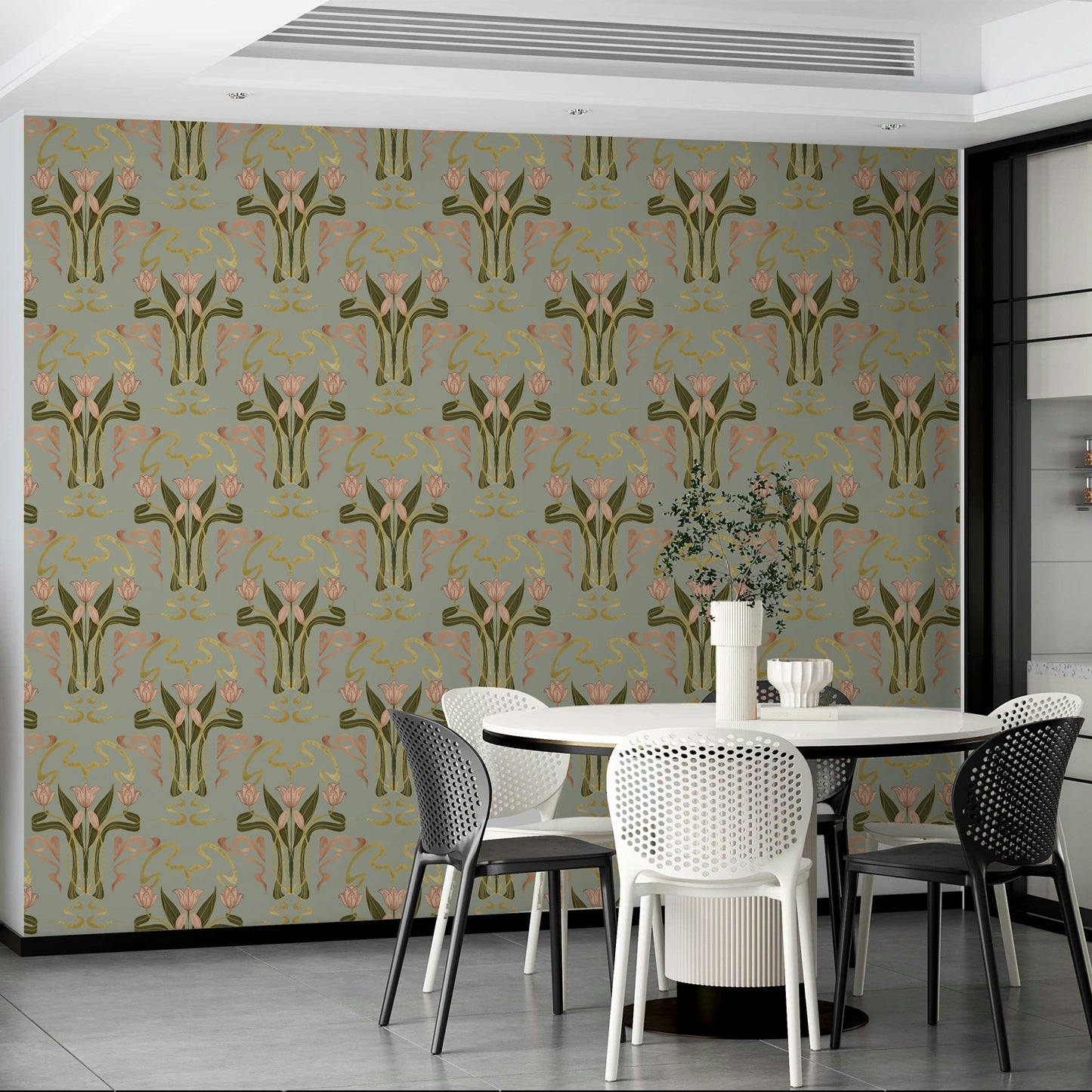 Muted sage floral nouveau wallpaper design GD643

