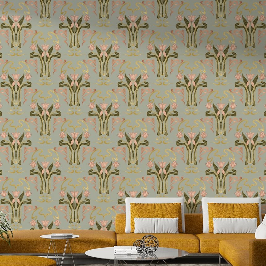 Tulip bloom wallpaper in muted sage grey
 GD643
