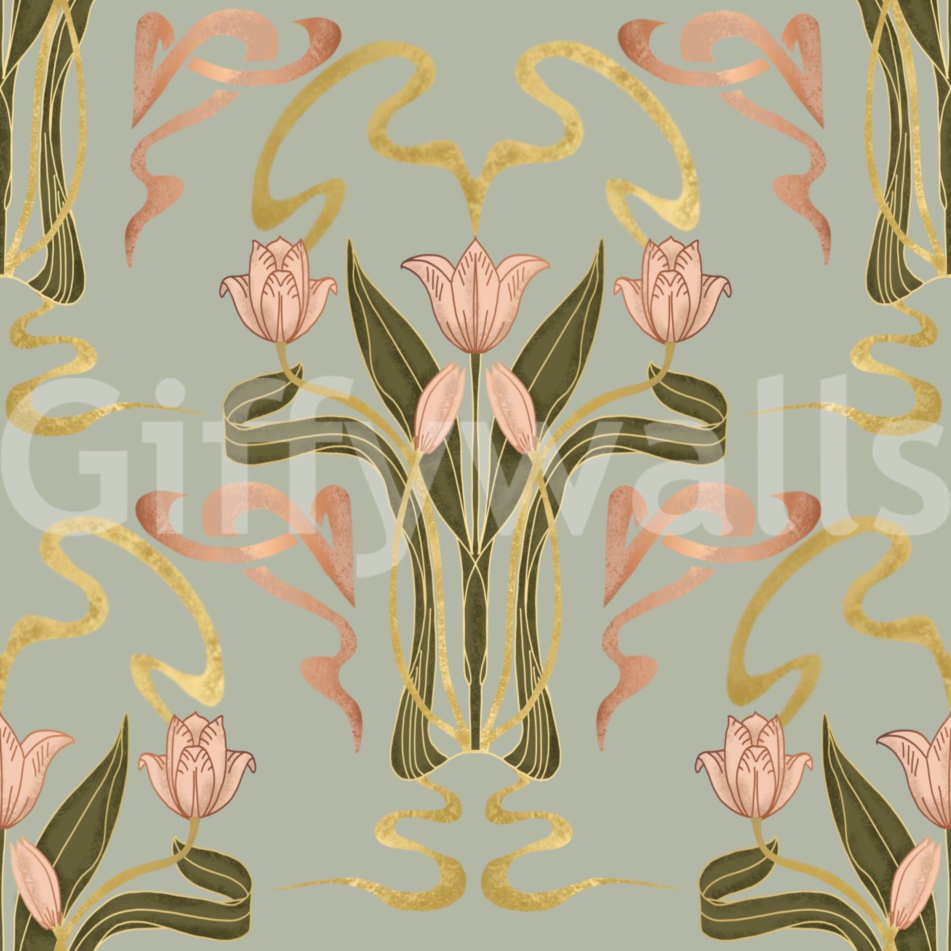 Floral art deco wallpaper muted sage tones GD643

