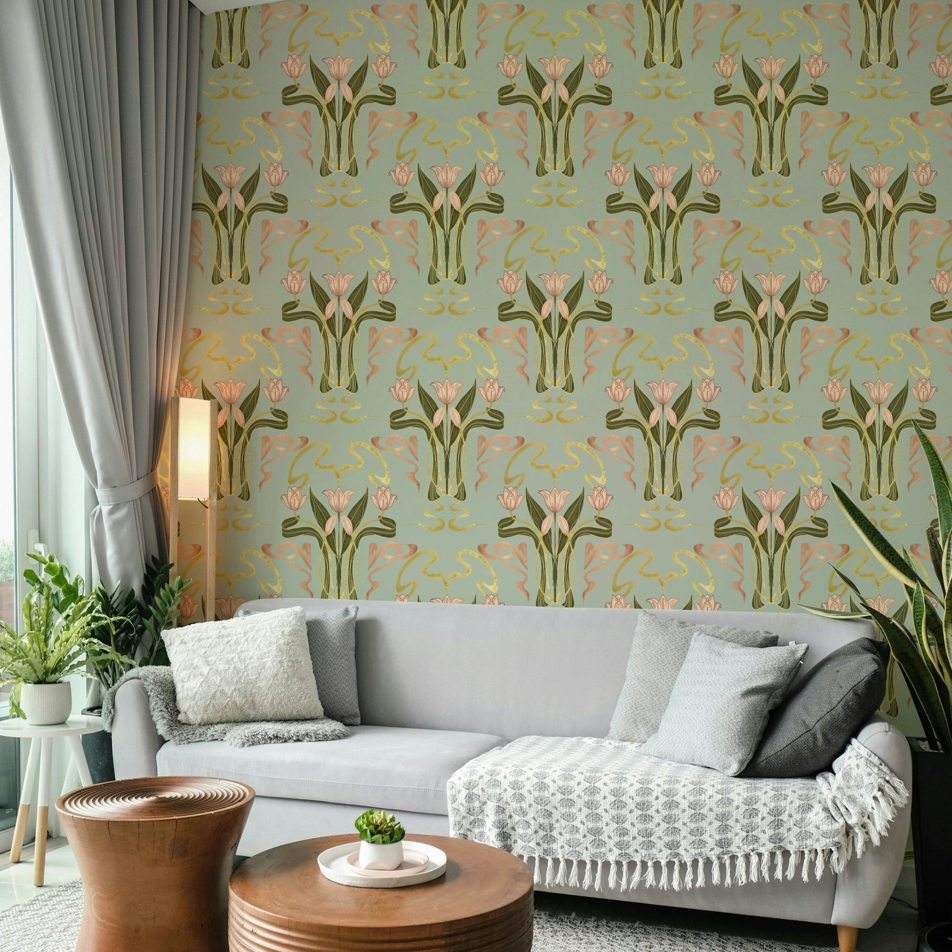 Floral nouveau wallpaper muted sage grey
 GD643
