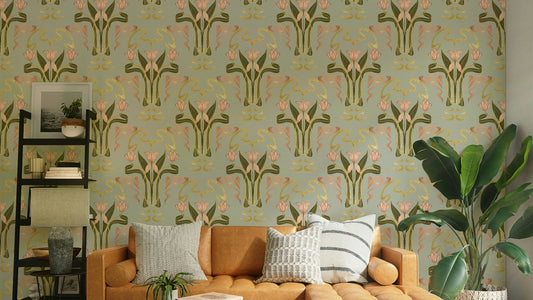Art deco tulip bloom wallpaper sage grey

