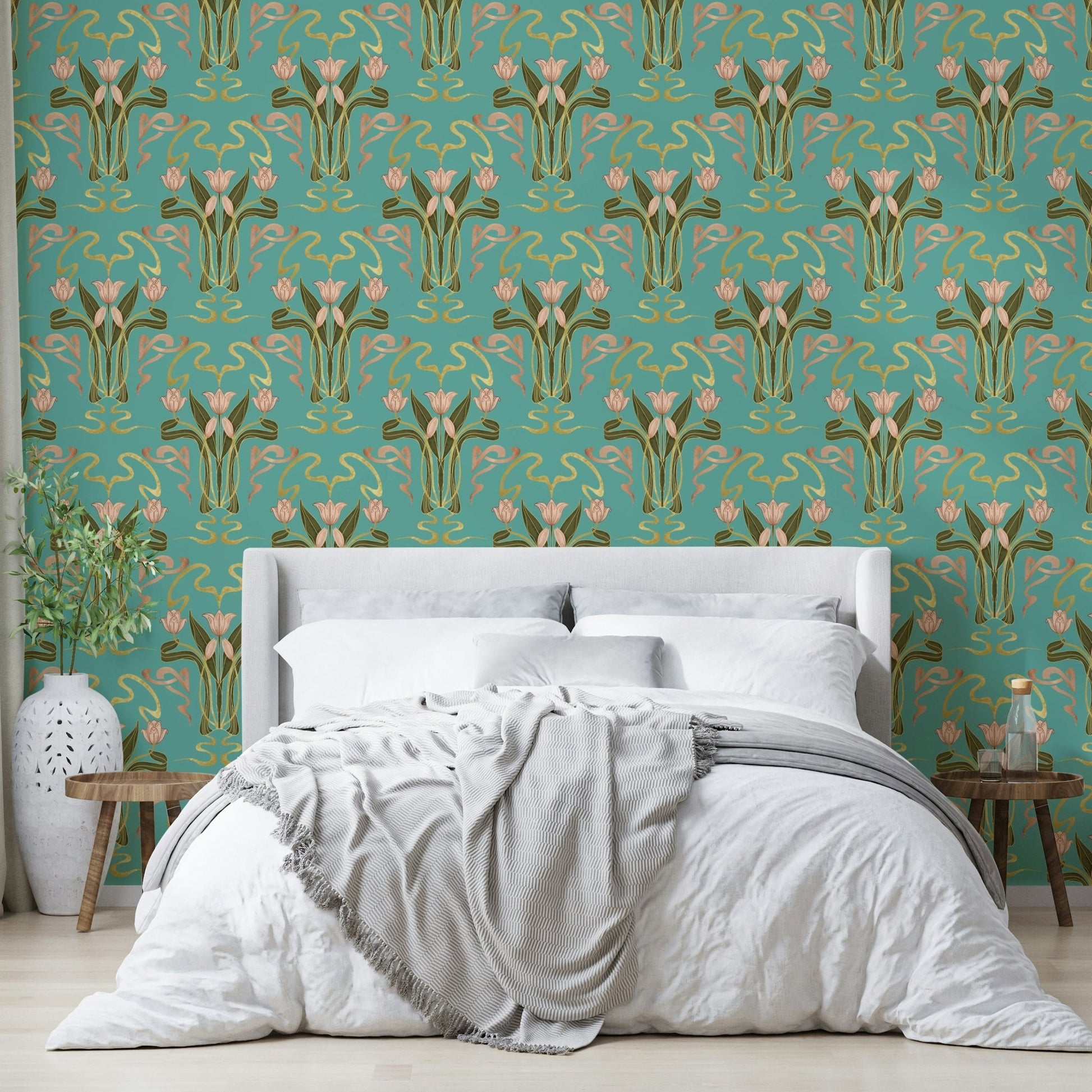 Art deco tulip bloom wallpaper serene aqua

