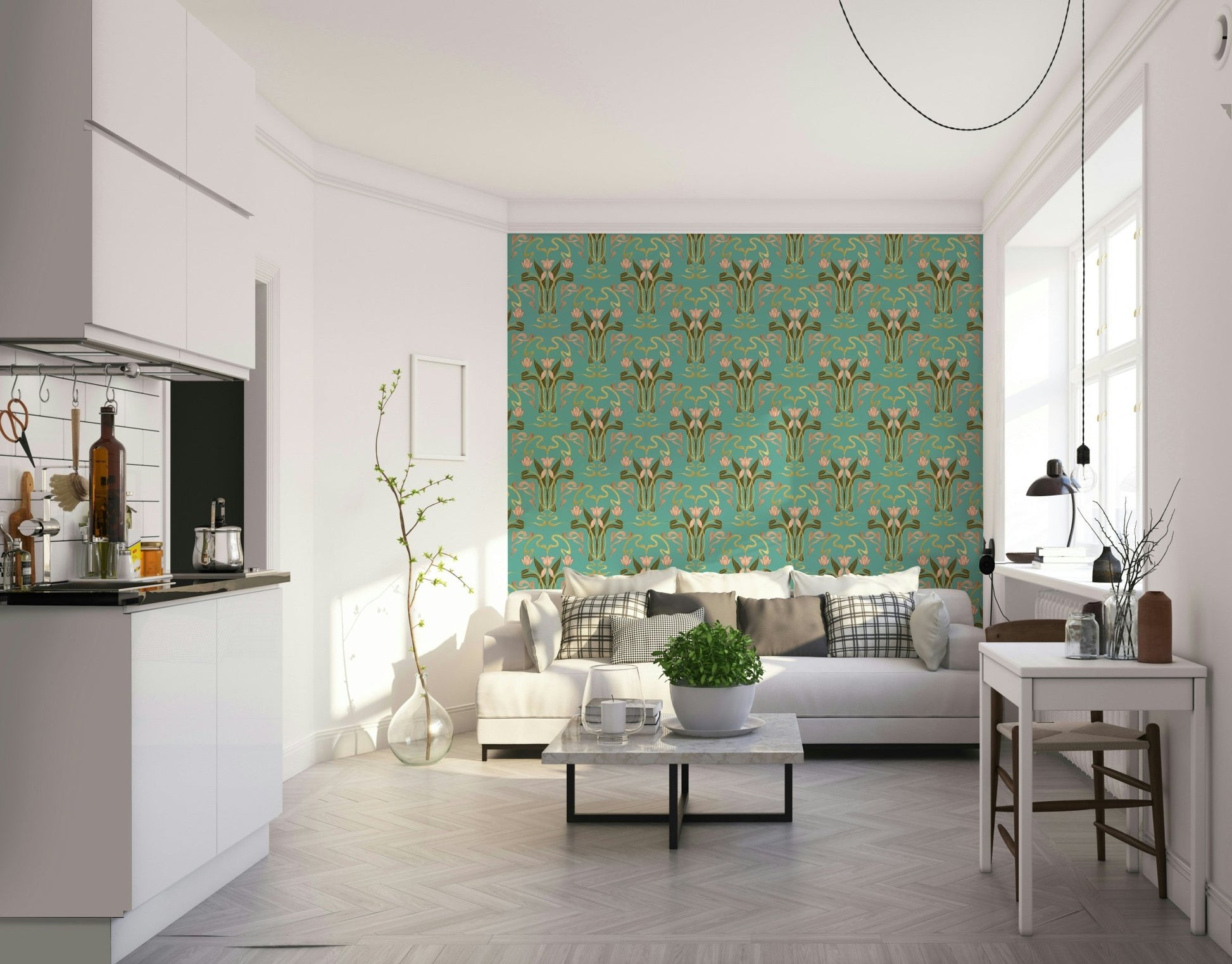 Serene aqua art deco floral wallpaper


