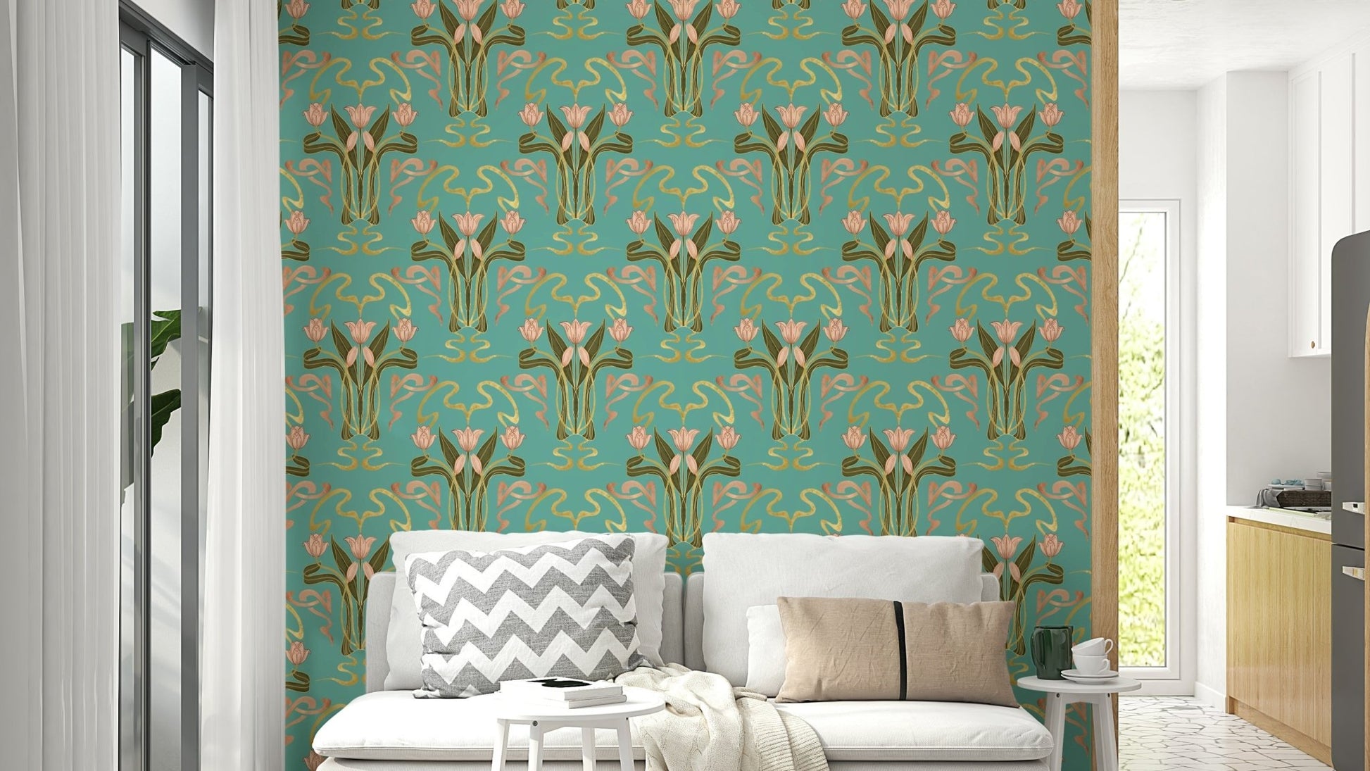 Floral nouveau wallpaper serene aqua color

