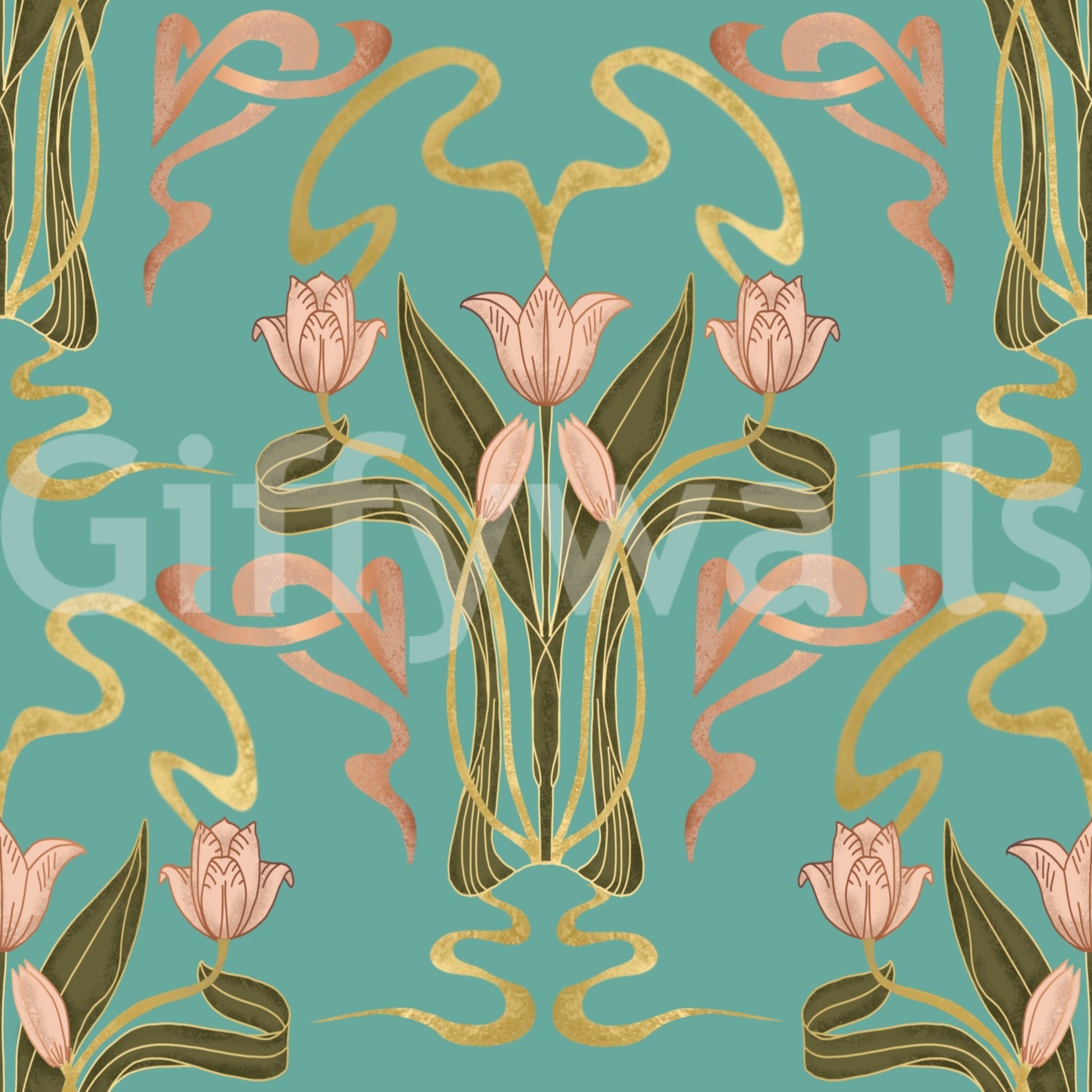 Floral art deco wallpaper serene aqua tones


