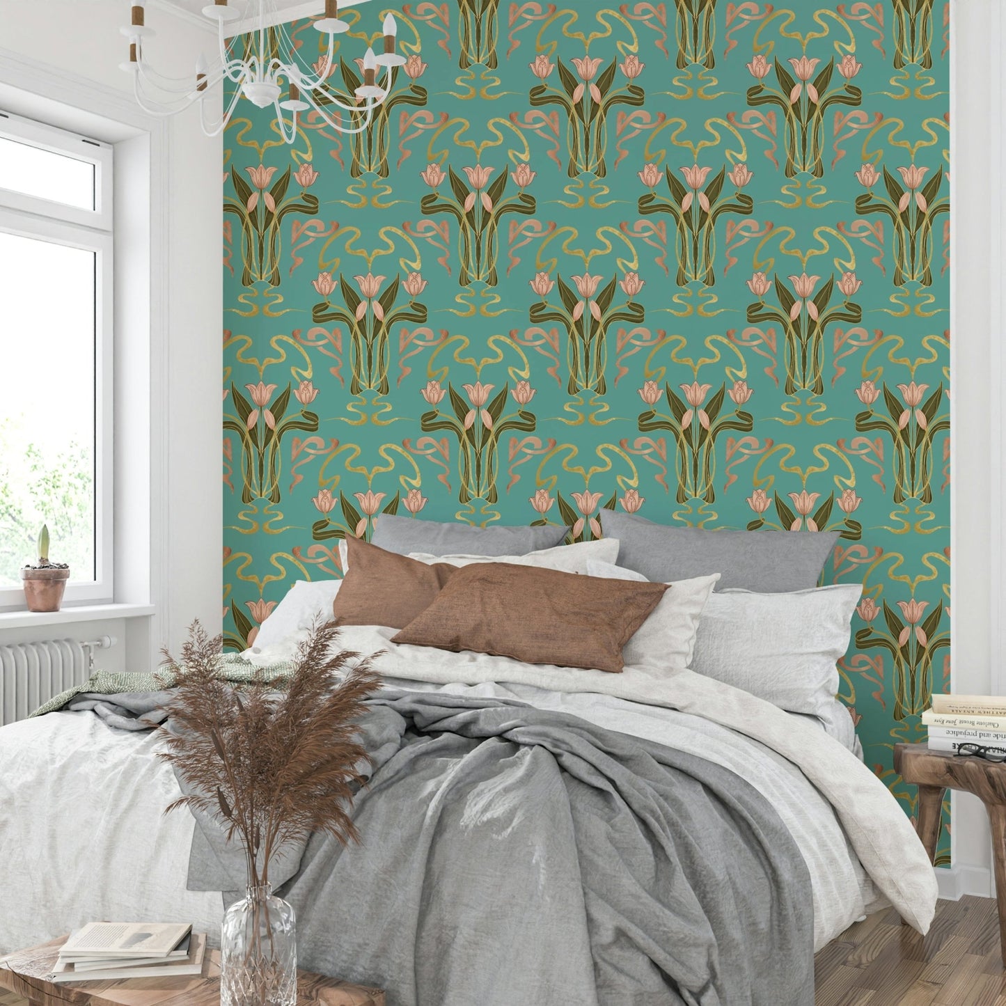 Tulip bloom art deco wallpaper serene aqua


