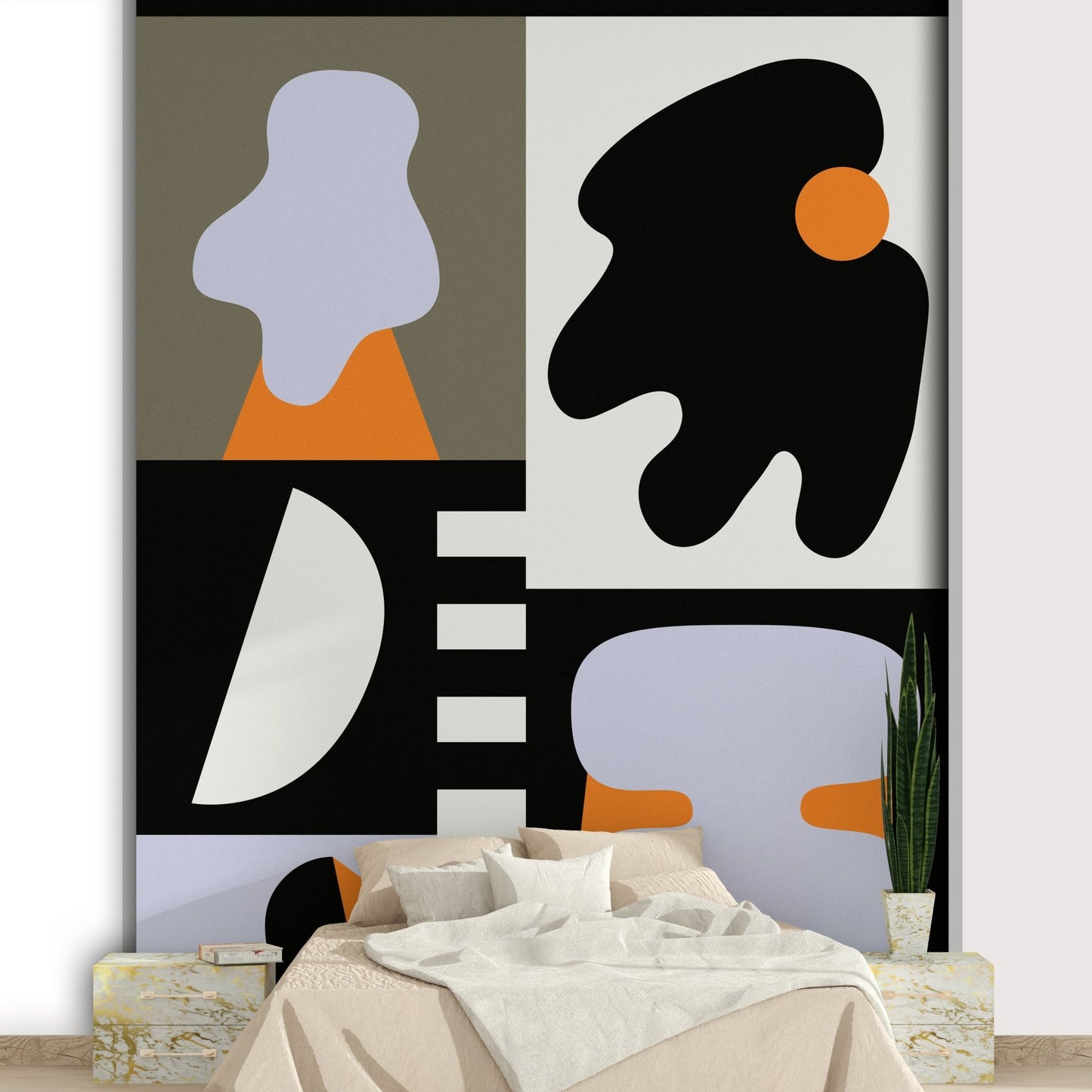 Overlapping abstract forms on mural wallpaper

