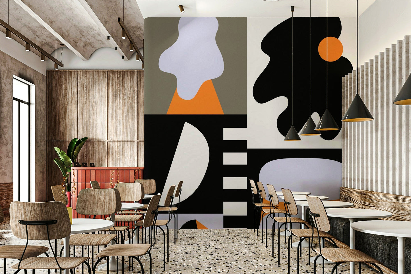 Artistic wall mural with geometric fragments

