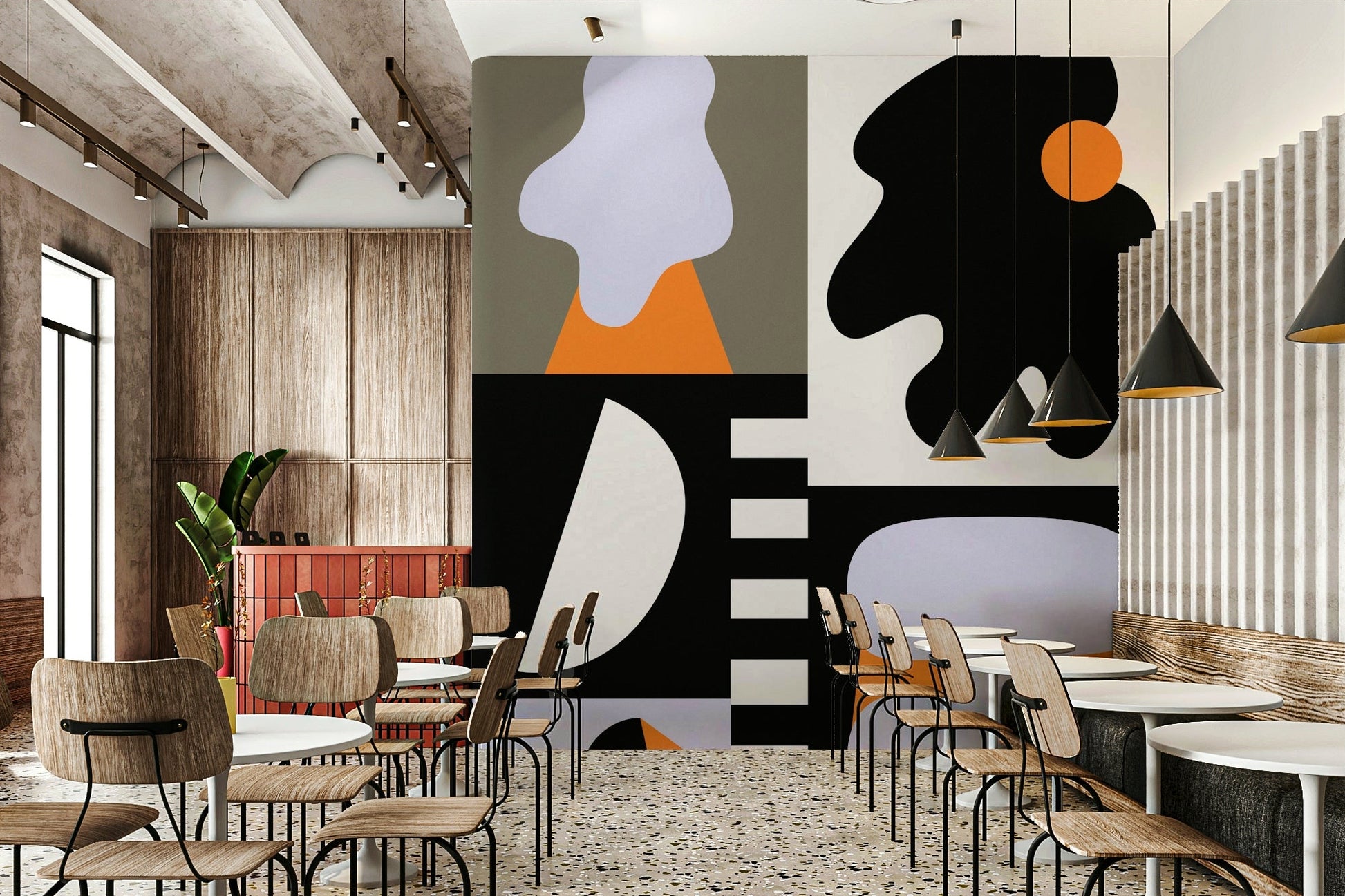 Artistic wall mural with geometric fragments


