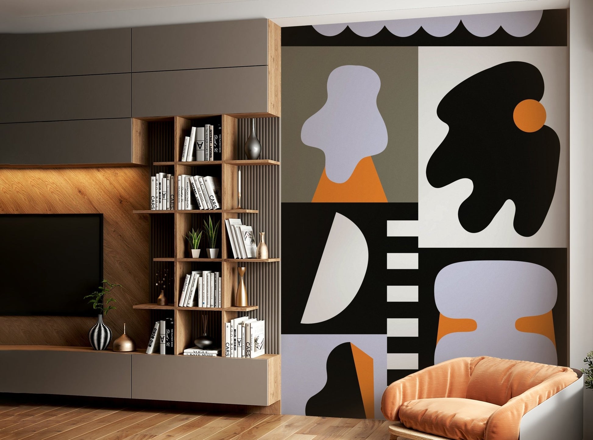 Bold outlines and layered shapes mural

