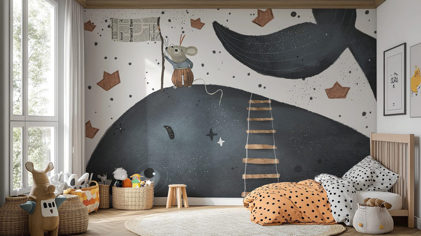 Artistic mural with deep blue behemoth and playful rat details. B792